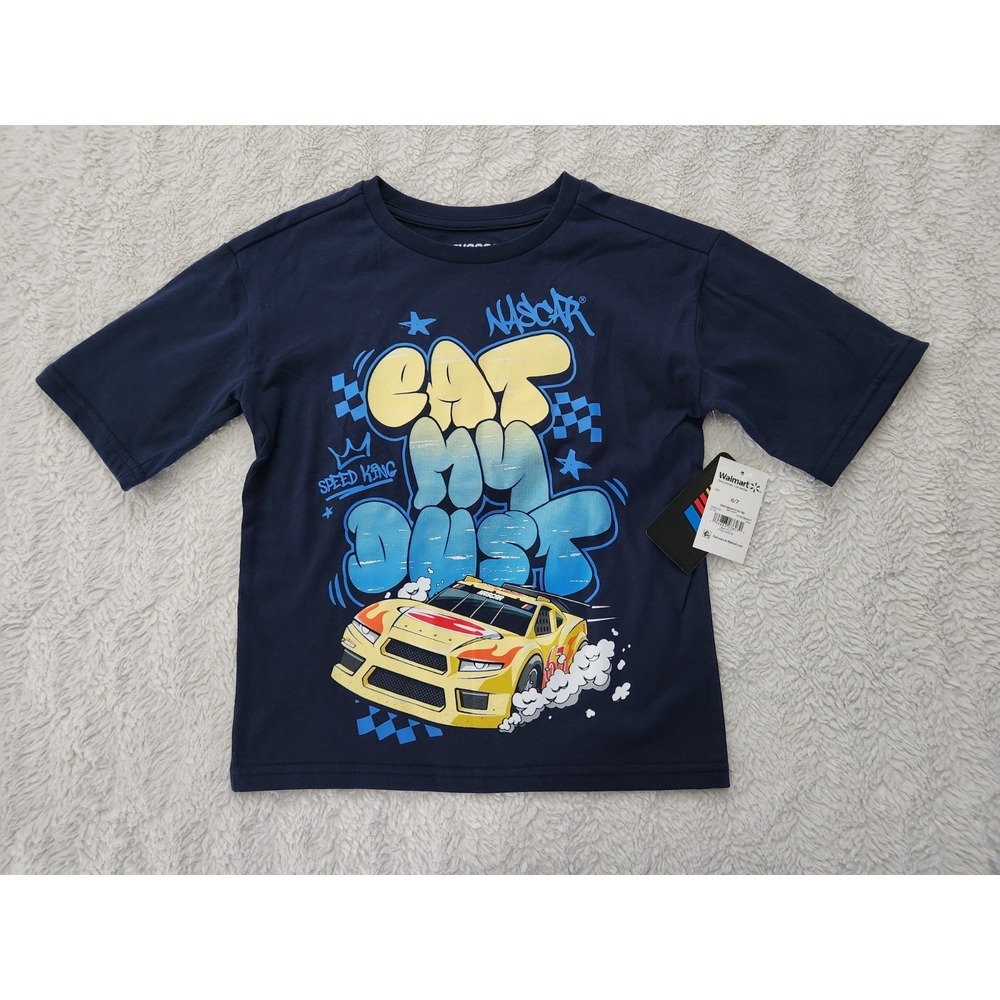 NASCAR Boys Shirt 6/7 Navy Blue Eat My Dust Graphic Short Sleeve NWT
